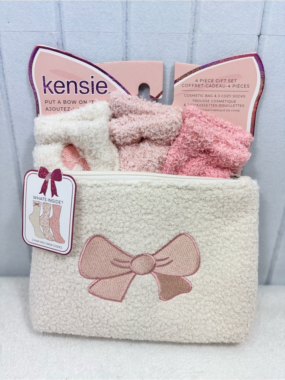 kensie Cream Cosmetic Pouch with Pink Bow & Blush 3 Pair Sock Set